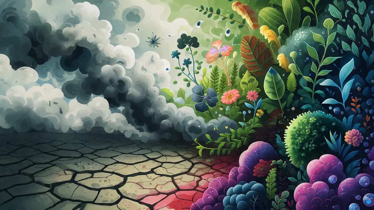Konceptuální ilustrace obnovy střevního mikrobiomu po antibiotikách pomocí barevných rostlin