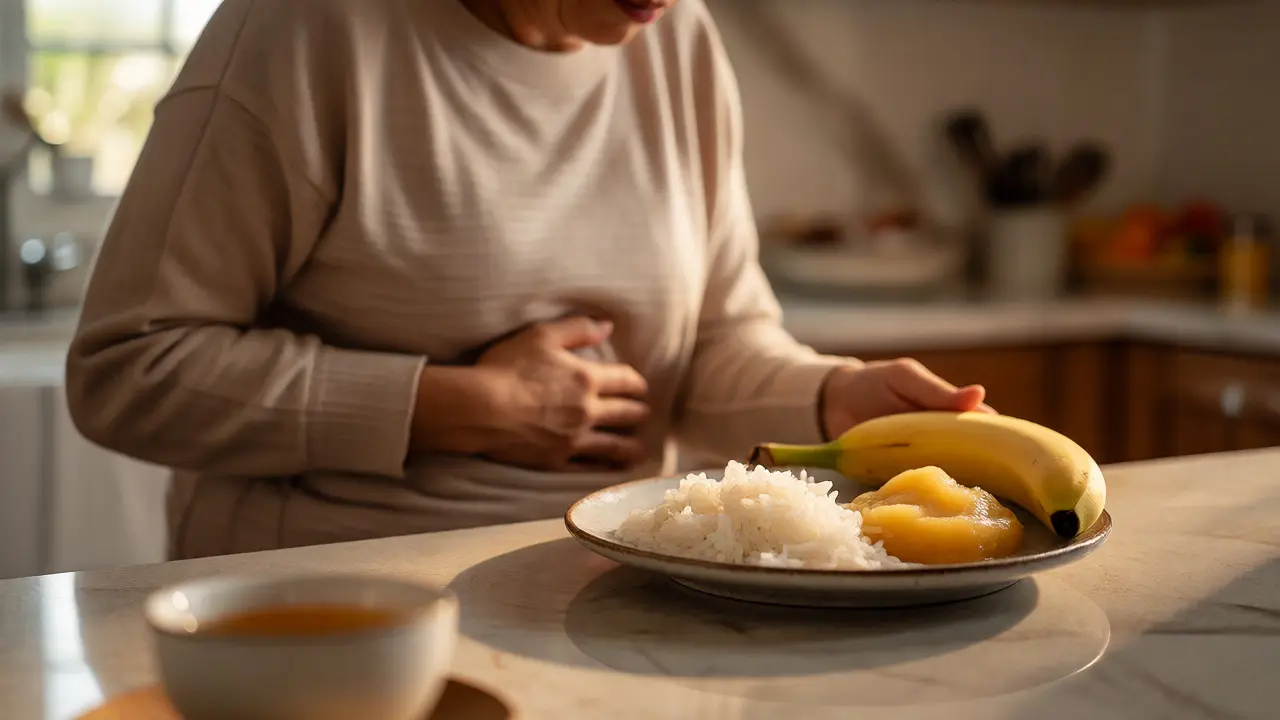Osoba drží břicho u talíře s rýží a banánem po trávicích potížích