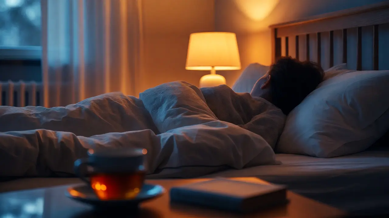 Person sleeping peacefully in a cozy, warmly lit bedroom to emphasize rest for weight loss.