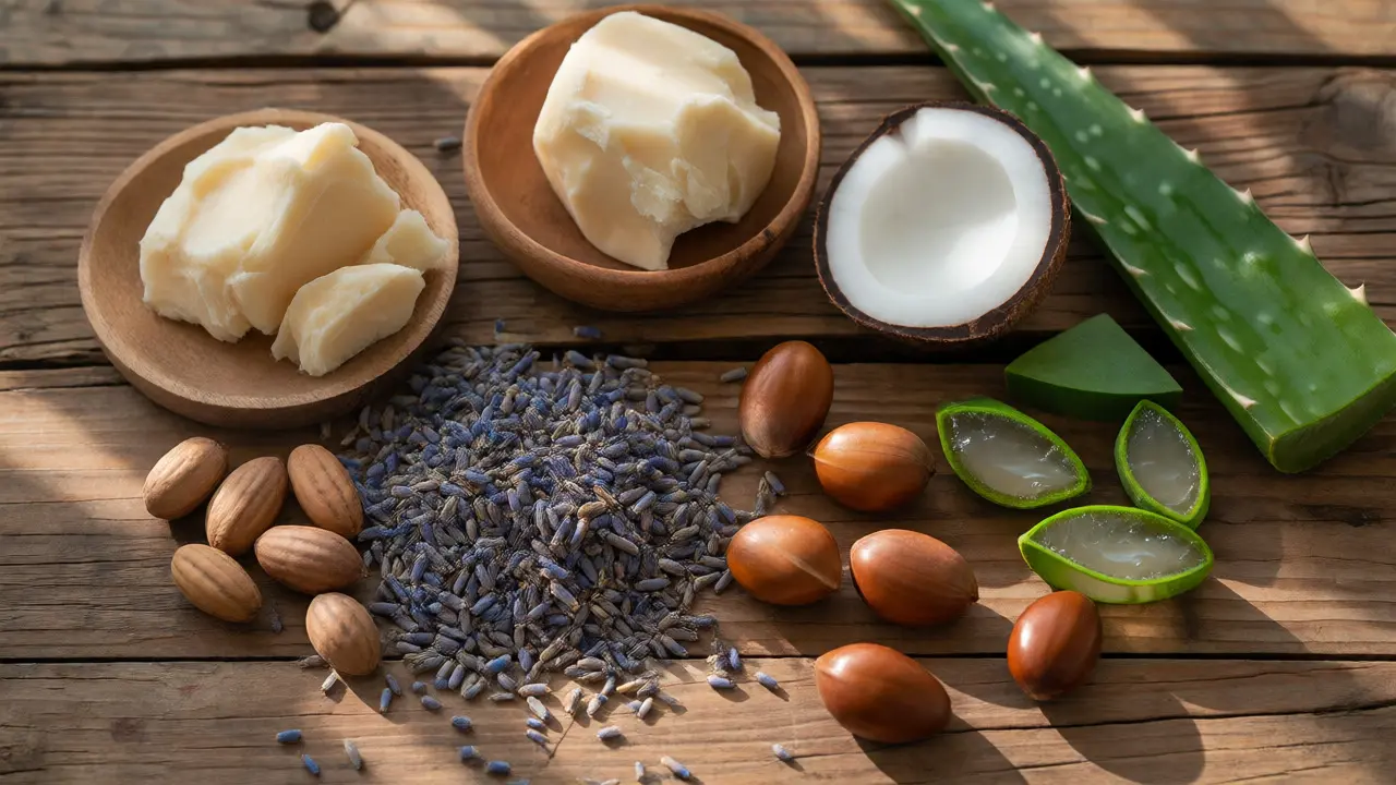 Ploché uspořádání surových přírodních ingrediencí na dřevěném stole
