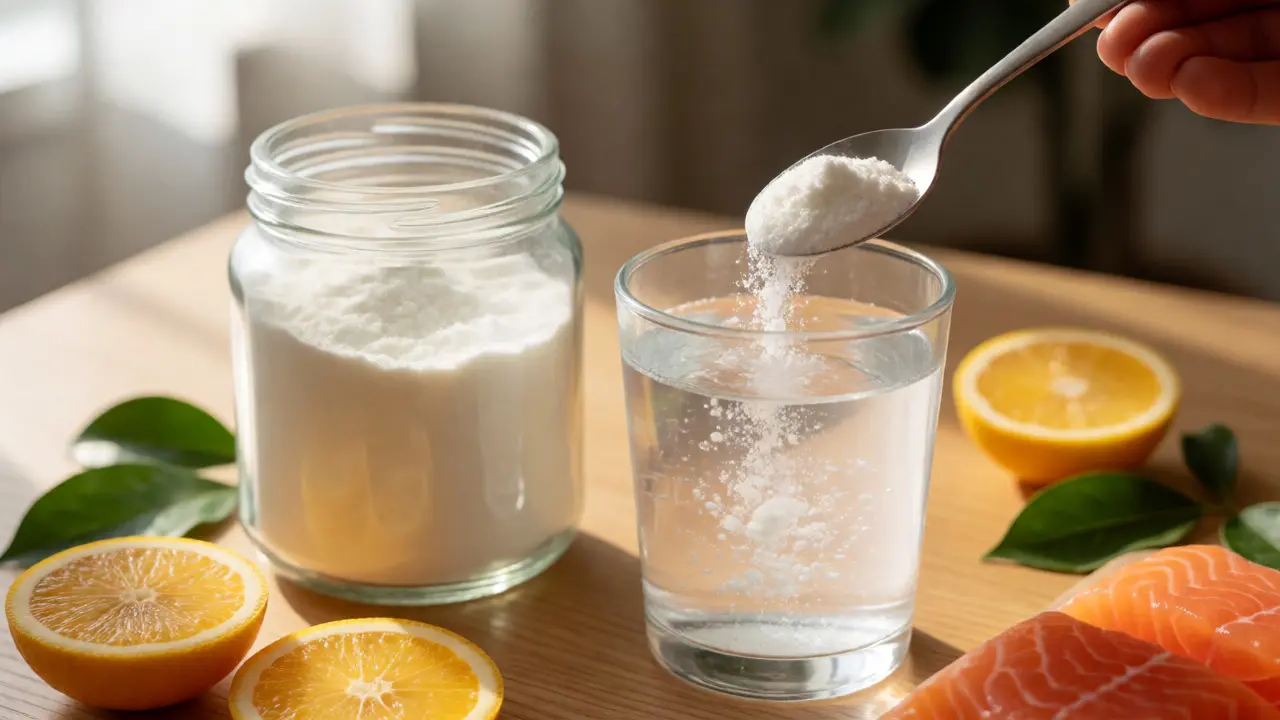 Příprava nápoje s mořským kolagenem a čerstvými ingrediencemi