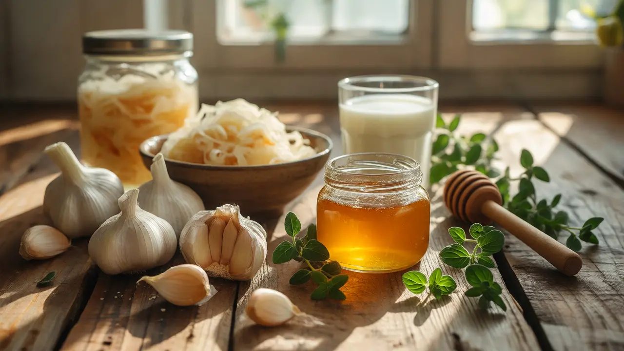 Přírodní antibakteriální ingredience: česnek, med, oregano a fermentované potraviny
