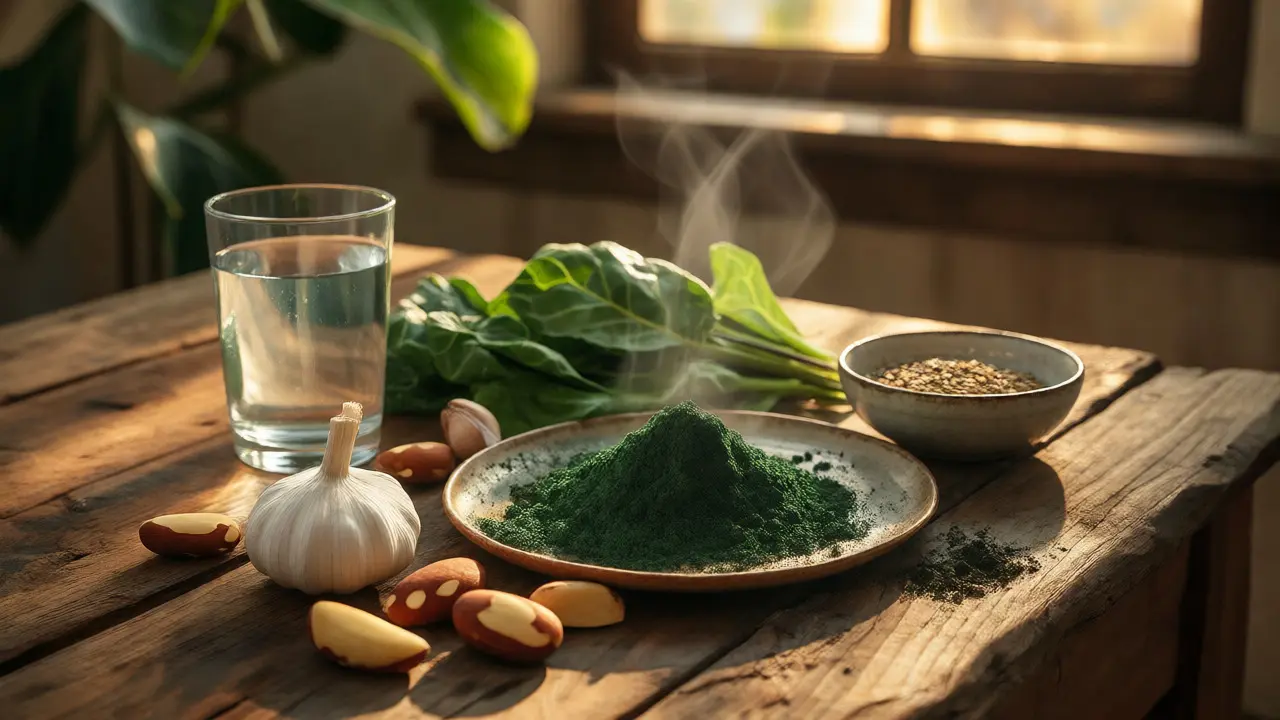 Zdravé potraviny pro detoxikaci na dřevěném stole