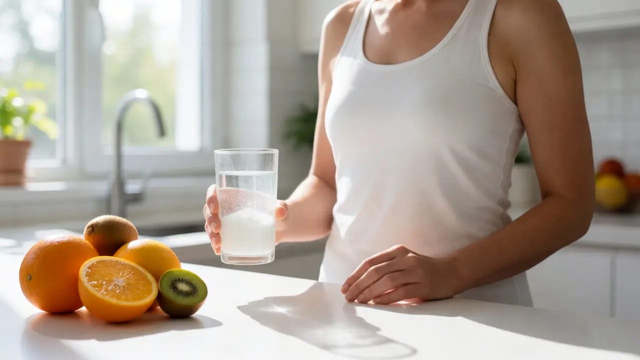 Žena připravující sklenici vody s kolagenem a čerstvé citrusy