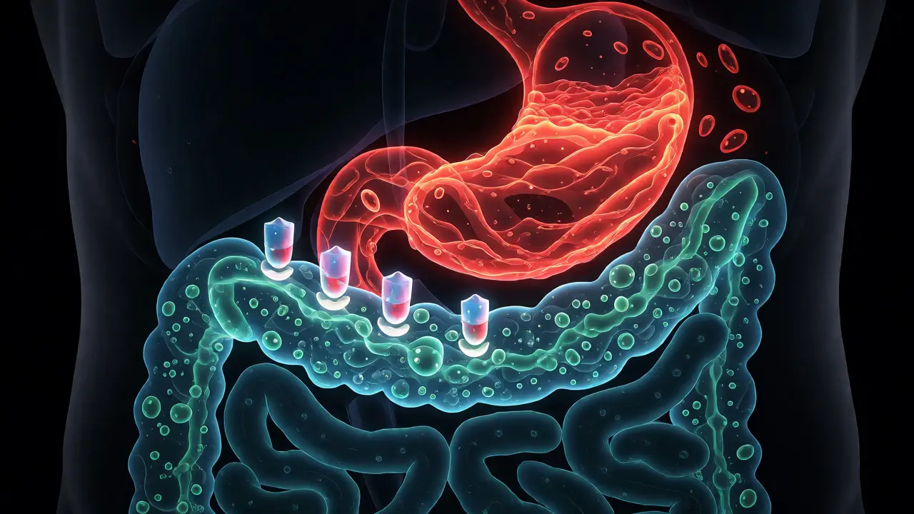 Abstract visualization of probiotics surviving stomach acid to reach the gut.