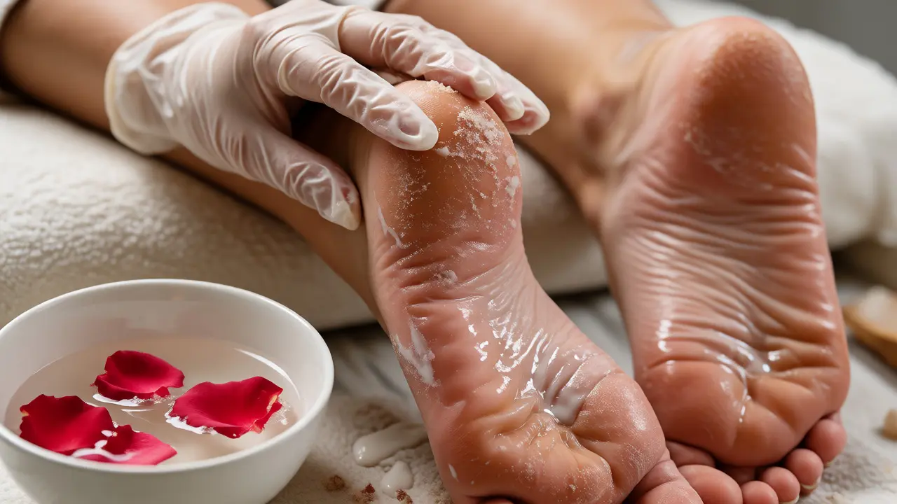 Detailní záběr na spa pedikúru s masáží a hydratací chodidel