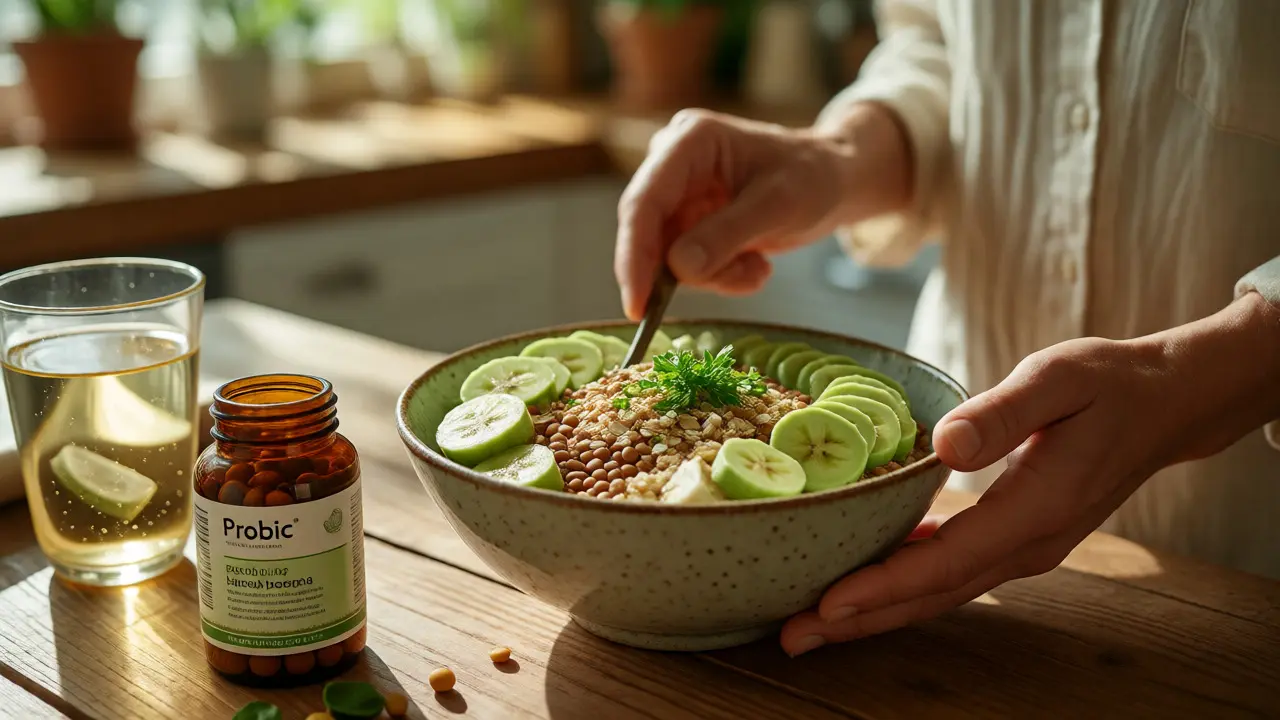 Healthy breakfast bowl with prebiotic foods beside probiotic supplements.