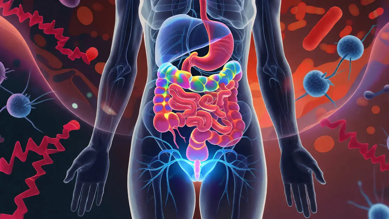 Stylizovaná ilustrace trávicího traktu zvýrazňující cílené účinky laktobacilů a komplexních probiotik