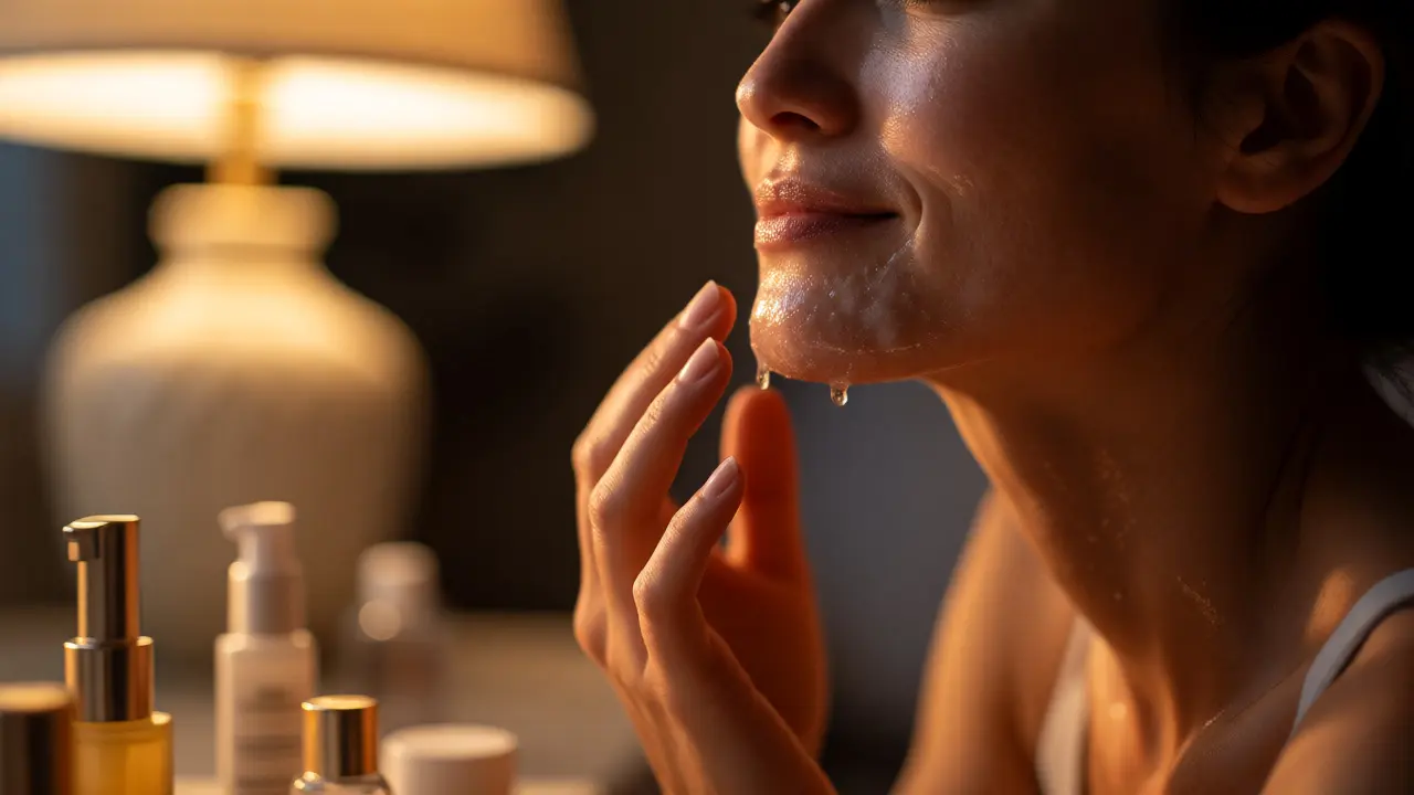 Woman applying hydrating serum after gentle exfoliation