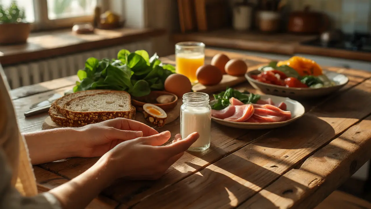 Zdravá snídaně s přírodními zdroji vitamínů a doplňkem stravy v pozadí.