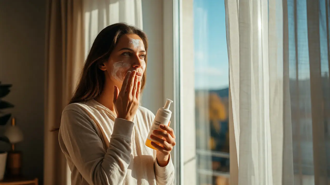 Žena nanáší opalovací krém přes sérum u okna