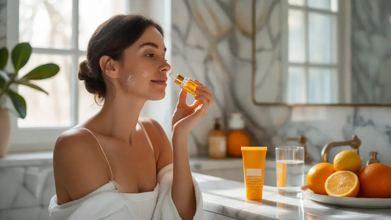 Žena nanáší sérum na obličej v koupelně s citrony a opalovacím krémem