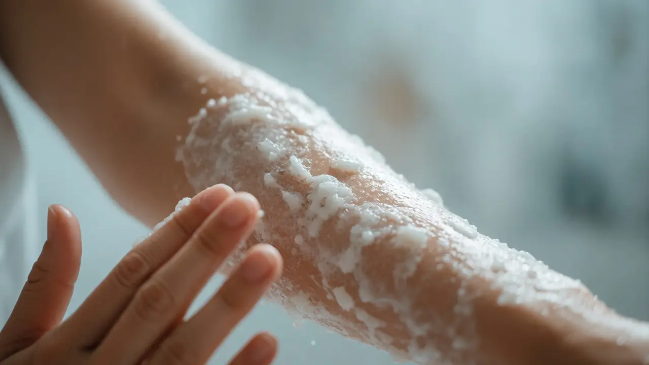 Ženské ruce nanášející peeling na předloktí ve vaně
